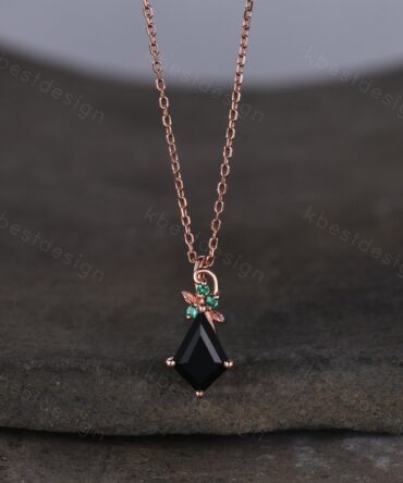 Kite cut natural black onyx necklace vintage women rose gold necklace unique leaf emerald pendant antique art deco bridal promise gift