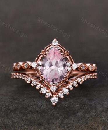 Vintage pink sapphire engagement ring rose gold ring art deco curve stacking band pear shaped bridal set unique moissanite wedding set