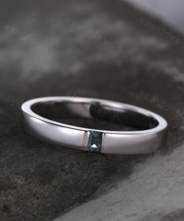 Baguette cut Alexandrite wedding band 14k white gold minimalist stacking band for Men for Women retro vintage ring Anniversary gift