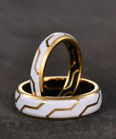 Unique White Enamel Couple Rings Promise Rings for Couples Matching Rings His and Hers Wedding Band Yellow Gold Rings Best Friend Rings