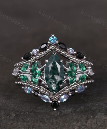 Marquise cut Moss Agate Engagement Ring Set Unique Cluster Emerald Ring Art Deco Curve Alexandrite Stacking Matching Band Bridal Promise Set