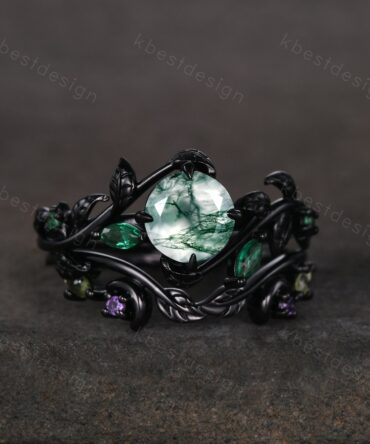 Vintage natural moss agate engagement ring black gold art deco cluster leaf wedding ring set nature inspired bridal promise ring for her