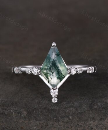 Kite cut moss agate engagement ring unique silver moissanite ring for women art deco green agate ring natural gemstone bridal promise ring