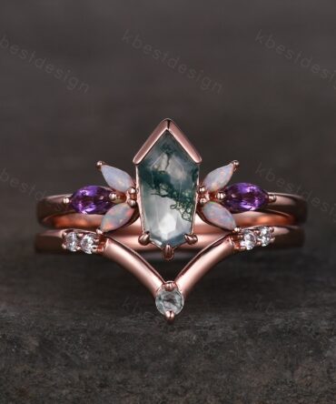 Vintage Moss Agate engagement ring set Rose gold ring Unique opal amethyst cluster ring unique stacking matching band Anniversary ring gift