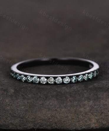 Black gold green moissanite wedding band 1.5mm half eternity stacking matching band unique dainty wedding band for women anniversary ring