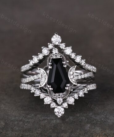 3PCS black onyx engagement ring sterling silver ring art deco curved stacking band coffin shaped bridal set unique moissanite wedding set