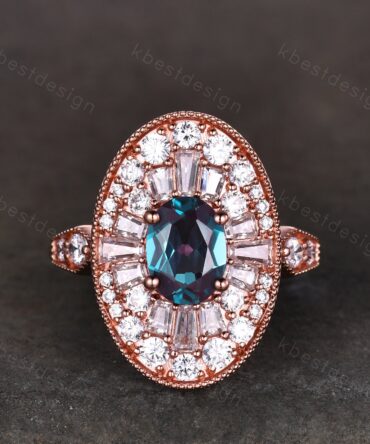 Luxury Alexandrite Engagement Ring 14K Rose Gold Double Halo Moissanite Statement Ring Oval cut Bridal Promise Ring Cocktail Ring