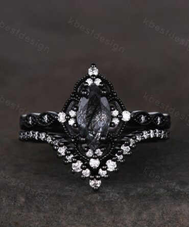 Vintage black rutilated quartz engagement ring set black gold art deco moissanite wedding band marquise cut unique bridal promise ring