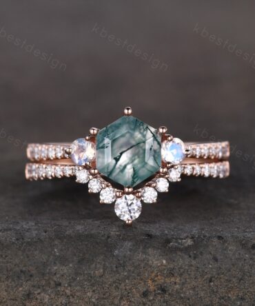 Hexagon cut moss agate engagement ring set unique vintage three stone moonstone ring curved moissanite stacking matching bridal wedding ring