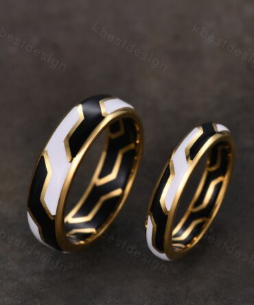 Gothic Black & White Enamel Couple Rings Yellow Gold Irregular Matching Rings His and Hers Wedding Band Best Friend Rings Anniversary Gifts
