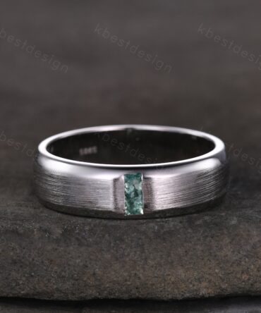 Mens Moss Agate Wedding Band Unique Baguette cut Green Moss Agate Wedding Ring For Men Brushed Finish Band Ring Promise Gift For Husband