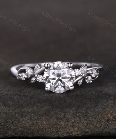 Round cut moissanite engagement ring 14K White gold ring Art deco leaf design wedding ring nature inspired ring bridal promise ring for her
