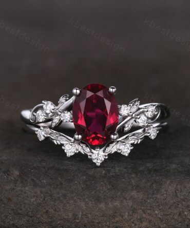 Vintage oval ruby engagement ring set silver ring twig leaf moissanite ring nature branch ring unique art deco bridal wedding ring set