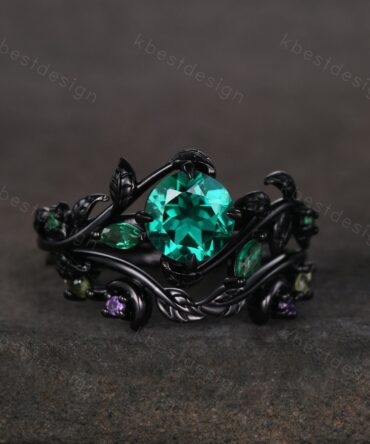 Vintage round cut emerald engagement ring black gold art deco cluster leaf wedding ring set nature inspired bridal promise ring for her