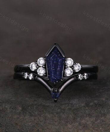 Vintage coffin blue sandstone engagement ring Gothic black gold art deco curved stacking band unique moissanite wedding set promise ring