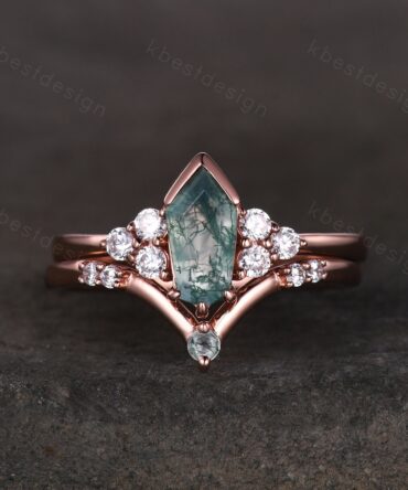 Coffin cut Moss Agate engagement ring set Rose gold ring art deco cluster moissanite ring unique stacking matching band bridal promise ring