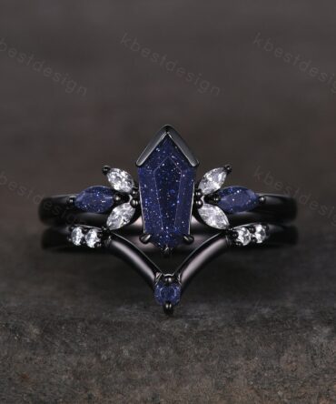 Gothic black gold blue sandstone engagement ring unique marquise moissanite cluster ring coffin cut ring vintage bridal wedding promise ring