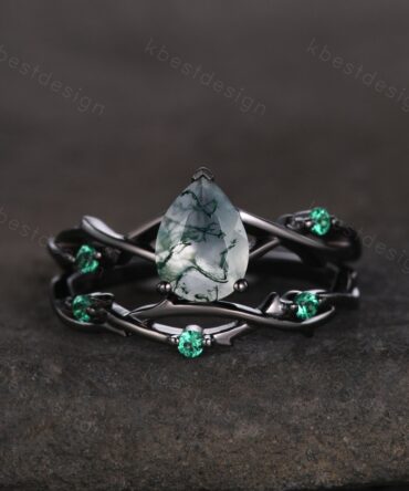 Unique Twig Moss Agate Engagement Ring Gothic Black Gold Rings Vine Emerald Stacking Wedding Band Pear cut Bridal Ring Set Green Agate Ring
