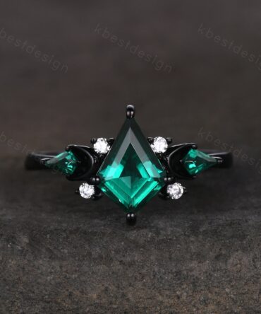 Kite cut emerald engagement ring Black gold ring Art deco moon design emerald wedding ring unique cluster bridal promise ring May birthstone