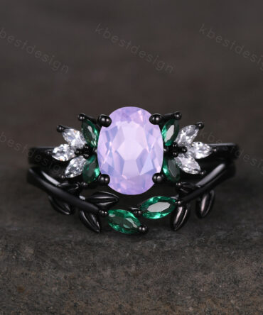 Oval cut Lavender Amethyst engagement ring set Black gold ring unique marquise emerald cluster ring Branch leaf wedding stacking bridal ring