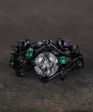 Vintage black rutilated quartz engagement ring black gold art deco cluster leaf wedding ring set nature inspired emerald bridal promise ring