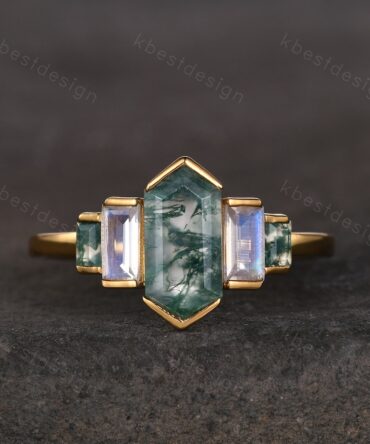 Retro hexagon Moss Agate engagement ring Yellow gold baguette Moonstone ring unique five stone ring Vintage Bridal wedding anniversary ring