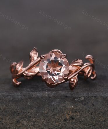 Branch Leaf Morganite Engagement Ring Rose Gold Ring Unique Vine Twig Wedding Ring Peach Morganite Ring Women Vintage Jewelry