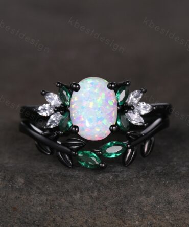 Vintage Opal Emerald Engagement Ring Unique Marquise Moissanite Cluster Ring Black Gold Ring Oval cut Bridal Set White Fire Opal Wedding Set