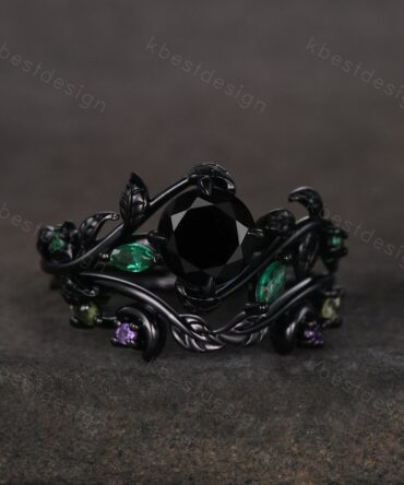 Vintage round cut black onyx engagement ring black gold emerald cluster leaf wedding ring set nature inspired bridal promise ring for her