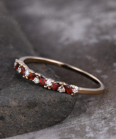 Garnet cluster wedding band Unique marquise cut garnet wedding band Vintage Moissanite ring Solid rose gold ring Anniversary gift for Her