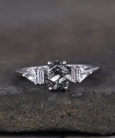 Hexagon cut black rutilated quartz engagement ring vintage unique multi shaped moissanite ring art deco promise ring anniversary gift