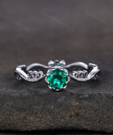 Antique emerald engagement ring 5mm round cut green emerald ring art deco filigree ring unique design bridal promise ring May birthstone