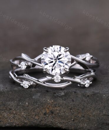 Vintage moissanite engagement ring sterling silver ring art deco twig stacking band round shaped bridal set unique moissanite wedding set