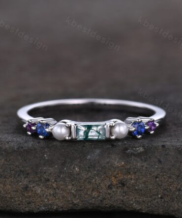 Baguette Moss Agate Ring,Blue Sapphire and Pearl Wedding Band,Unique Multi Gemstone Ring,Birthstone Jewelry,Gift For Mom,Personalized Gift