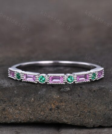 Baguette cut pink sapphire wedding band unique art deco half eternity band silver emerald band dainty stacking band anniversary gift