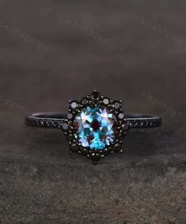 Vintage round cut alexandrite engagement ring black gold art deco black spinel ring unique bridal promise ring for her June birthstone ring