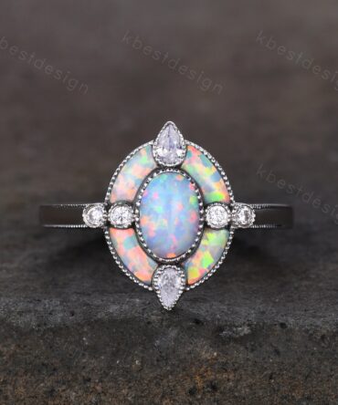 Antique White Opal Engagement Ring Sterling Silver Opal Halo Engagement Ring Vintage Oval cut Ring Cocktail Ring October Birthstone Gift
