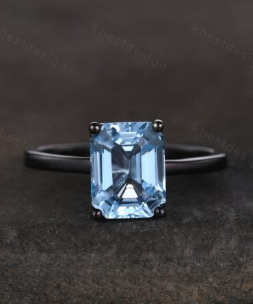 Emerald cut blue topaz engagement ring black gold ring solitaire Sky blue topaz engagement ring prong set statement ring promise gift