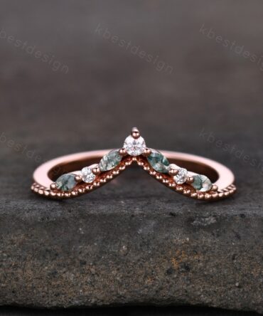 Curved Moss Agate wedding band rose gold wedding band Unique art deco moissanite stacking band Anniversary ring Women gift