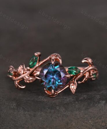 Vintage round cut alexandrite engagement ring rose gold art deco cluster emerald leaf ring nature inspired bridal promise ring for her