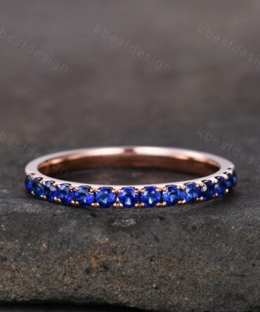 Half Eternity Blue Sapphire Wedding Band Rose Gold Band for Women 2mm Sapphire Stacking Band September Birthstone Ring Anniversary Ring