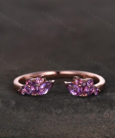 Delicate Amethyst Wedding Band Rose Gold Open ring vintage petal wedding ring Delicate Stacking matching curved wedding band bridal ring