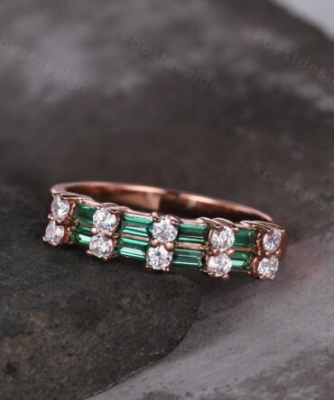 Vintage Emerald wedding band women Baguette cut Half eternity band Rose gold wedding band Unique Stacking Matching bridal promise ring