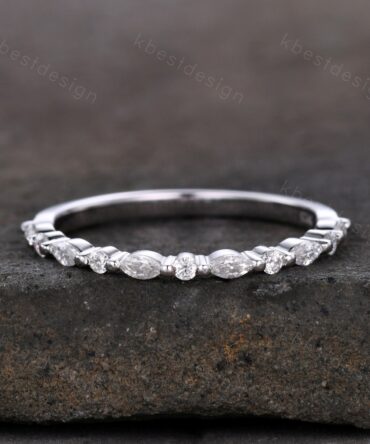 Dainty Moissanite wedding band set women marquise cut half eternity band silver wedding band Unique Stacking Matching anniversary ring gift