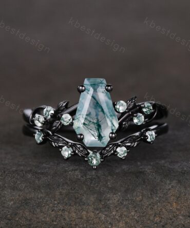 Vintage coffin moss agate engagement ring set black gold twig leaf ring natural green agate ring unique bridal wedding ring set promise ring
