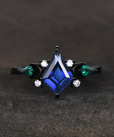 Vintage blue sapphire engagement ring Black gold ring Art deco moon design emerald wedding ring unique cluster bridal promise ring