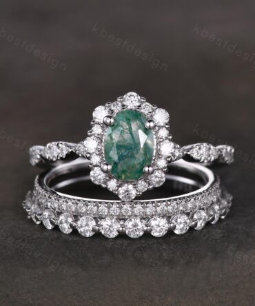 Vintage oval moss agate engagement ring set sterling silver 2mm half eternity moissanite band unique art deco bridal wedding ring set
