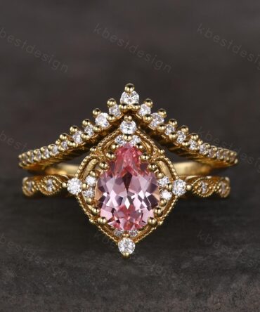Vintage pink sapphire engagement ring 14k gold ring art deco curve stacking band pear shaped bridal set unique moissanite wedding set