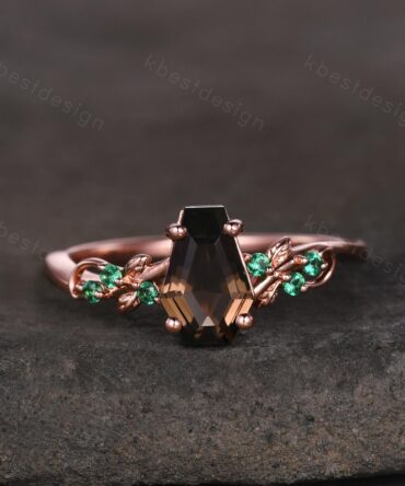 Coffin cut smoky quartz engagement ring Rose gold ring Art deco leaf design emerald wedding ring nature inspired ring bridal promise ring