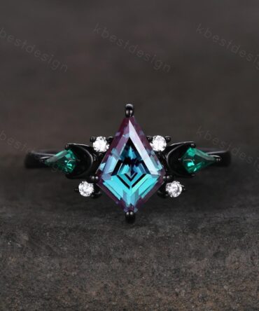 Kite cut Alexandrite engagement ring Black gold ring Art deco moon design emerald wedding ring unique cluster promise ring June birthstone